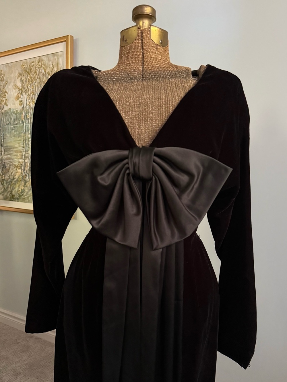 Vintage 80s Maggie London Velvet Bow Cocktail Dress Size 14 - Picture 3 of 7